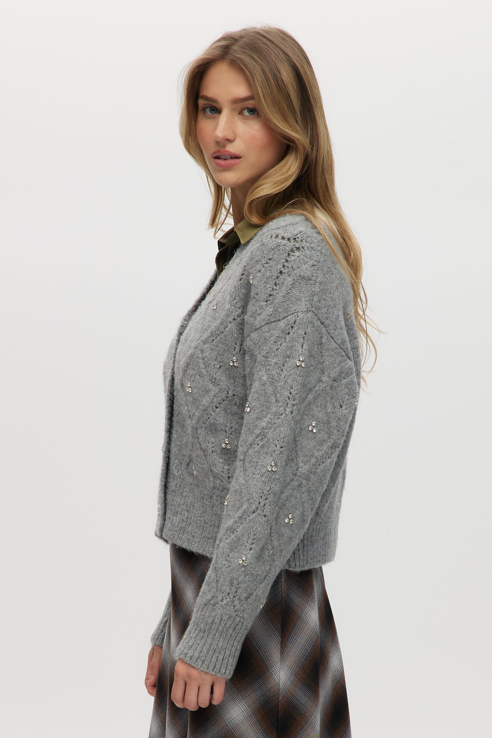 Grey Rhinestone Cable Knit V-Neck Cardigan